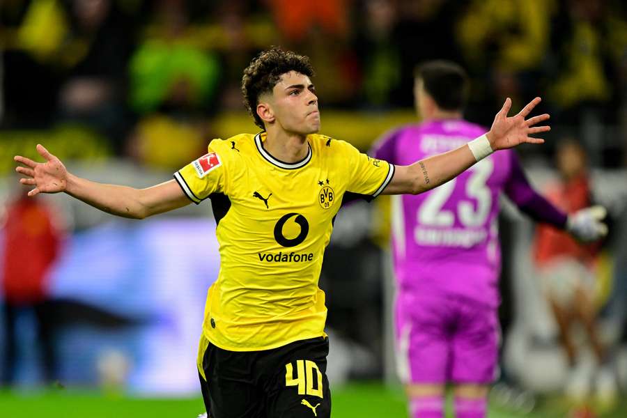 Teenager Samuele Inacio celebrates scoring for Dortmund
