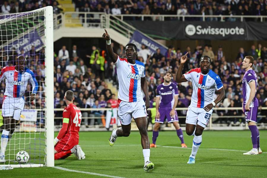 Crystal Palace's Ismaila Sarr celebrates scoring their first goal with Jaydee Canvot