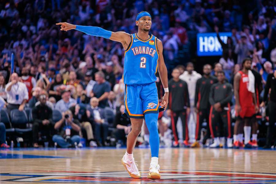 Thunder's SGA gestures during 2025 NBA season opener against Houston Rockets