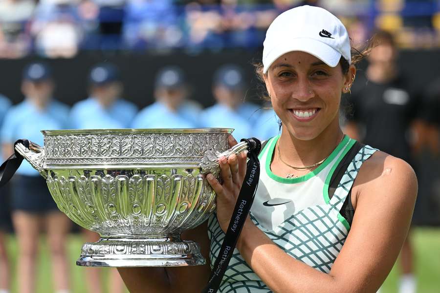 US player Madison Keys holds aloft the winner's trophy after winning against Russia's Daria Kasatkina 