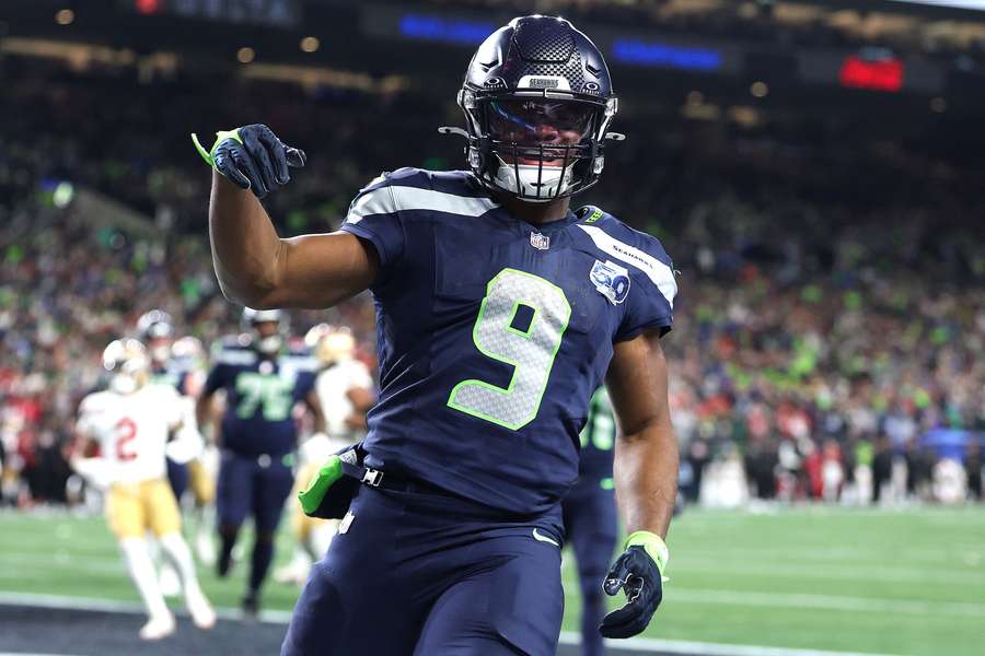 Seahawks running back Kenneth Walker III celebrates a touchdown during 2026 NFC Divisional Round game against San Francisco 49ers