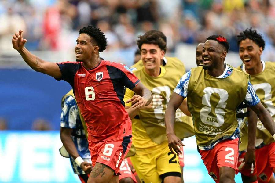 Cape Verde Kevin Pina (red) celebrates goal during Uruguay matchup Cape Verde Kevin Pina (red) celebrates goal during Uruguay matchup