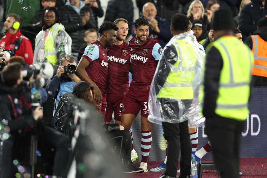 Mohammed Kudus viert zijn doelpunt voor West Ham