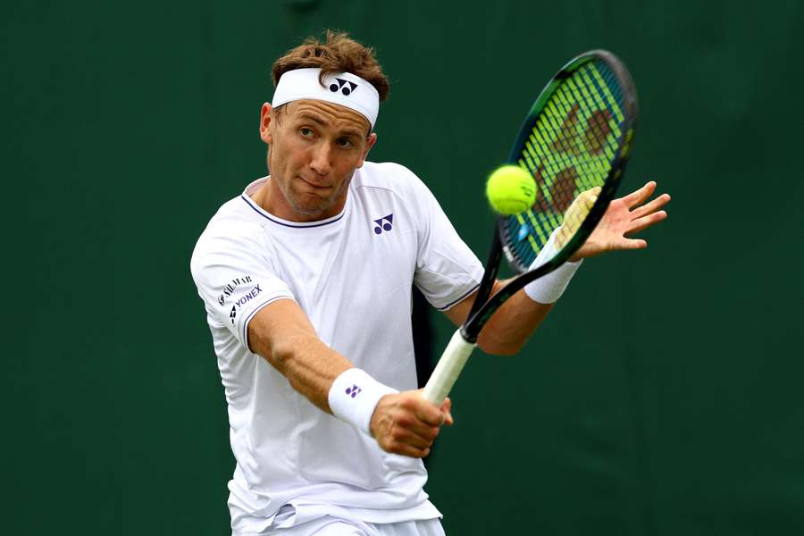 Casper Ruud in action at Wimbledon on Monday