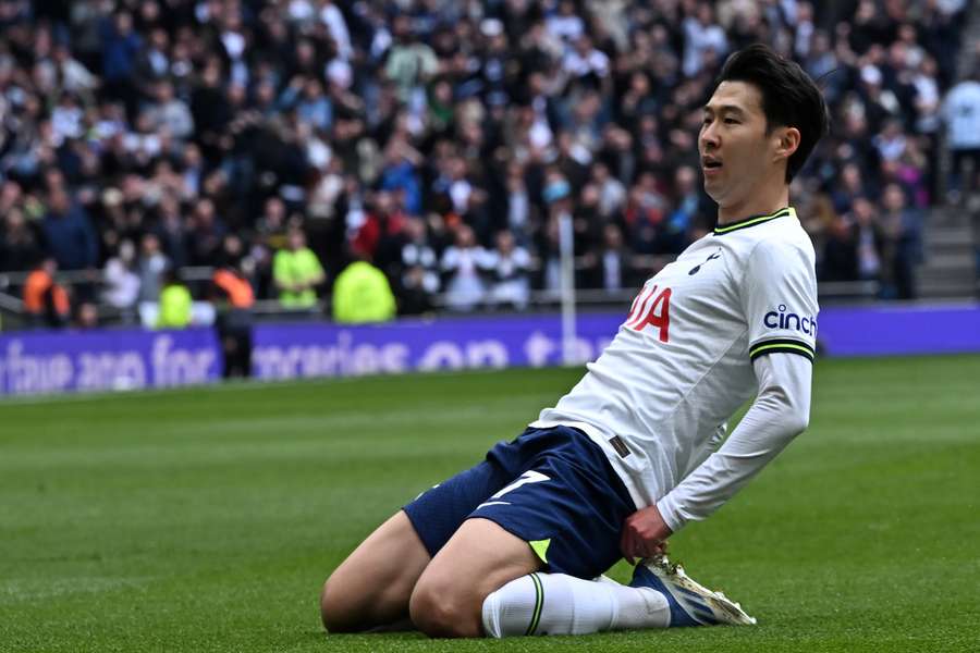 Tottenham Hotspur forward Son Heung-Min (C) celebrates