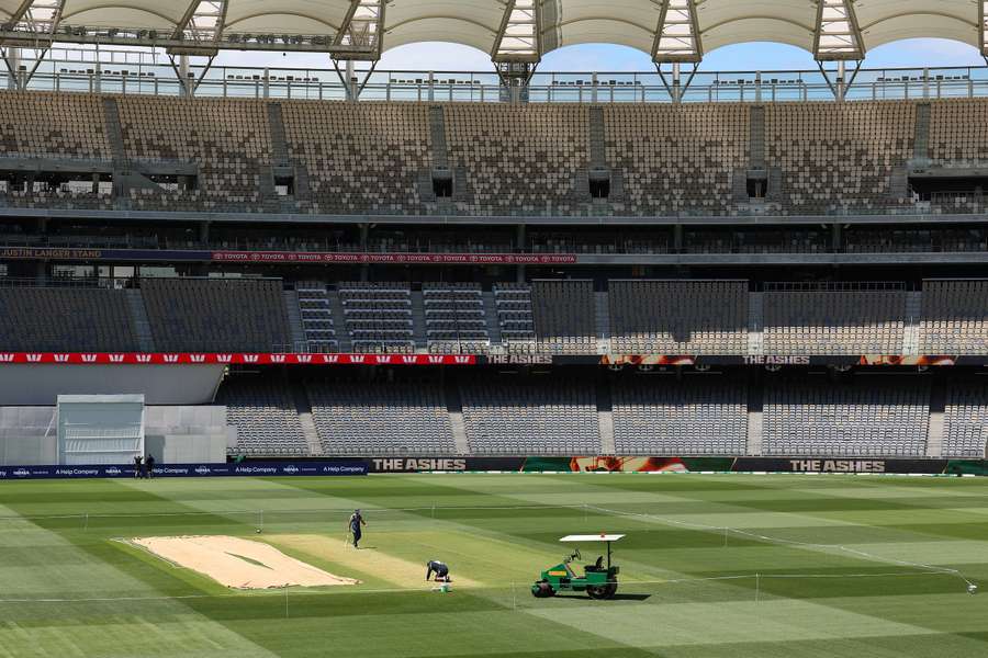 Jake Weatherald inspects the Optus Stadium pitch on the eve of the first Test.