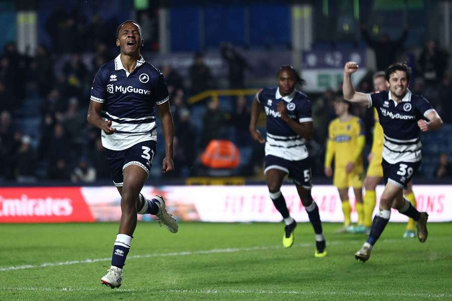 Raees Bangura-Williams of Millwall celebrates scoring his team's third goal