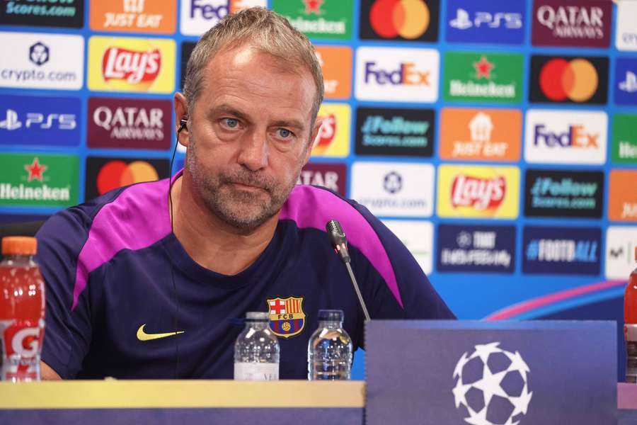 FC Barcelona manager Hansi Flick at a press conference prior to the Champions League match against PSG
