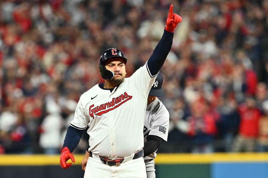Former Cleveland Guardians Josh Naylor celebrates after hitting a RBI double against the New York Yankees