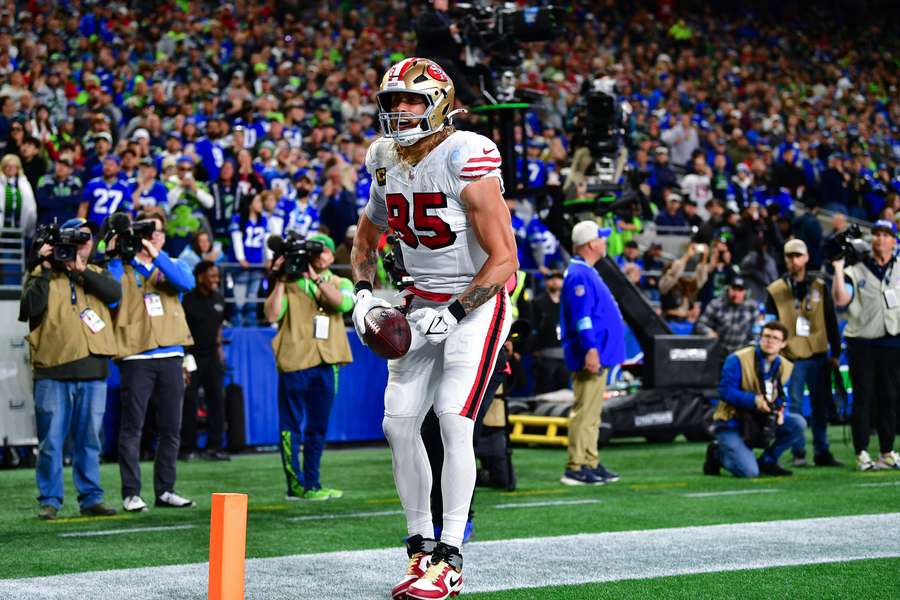 San Francisco tight end George Kittle celebrates his second touchdown in Thursday's win over Seattle