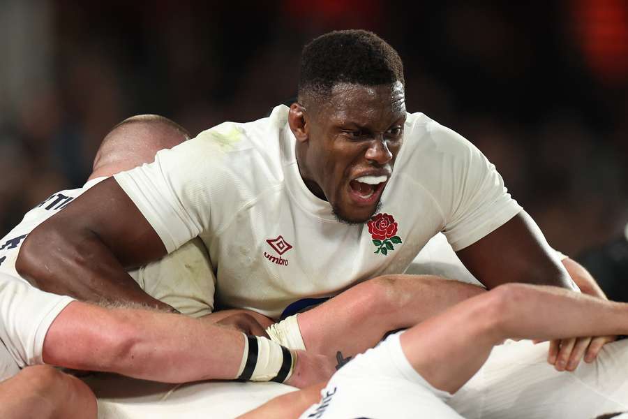 Maro Itoje reacts in a scrum during England's match against New Zealand in July