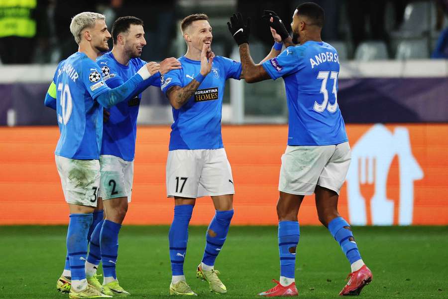 Pafos celebrate one of their goals in their Champions League win. Pafos celebrate one of their goals in their Champions League win.