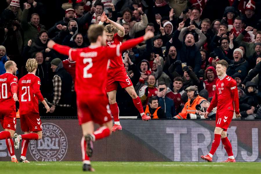 Hojlund celebrates after scoring Denmark match-winning goal Hojlund celebrates after scoring Denmark match-winning goal