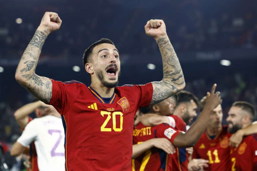 Spain's Joselu celebrates after winning the penalty shootout and the UEFA Nations League final