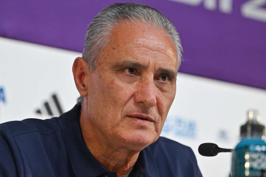 Brazil coach Tite speaking to reporters in Doha