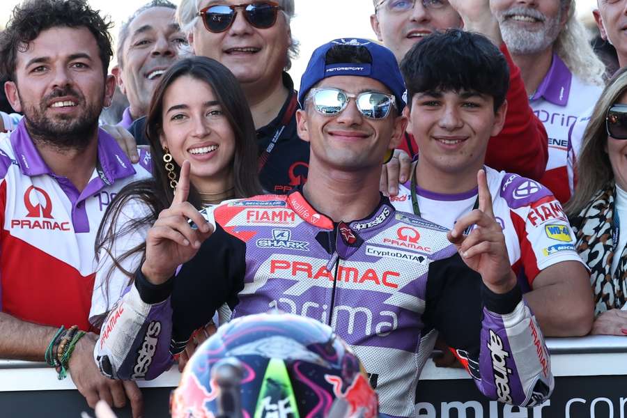 Martin celebrates getting pole position ahead of the Valencia MotoGP