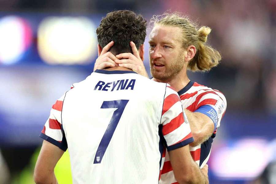 USA captain Tim Ream celebrates Giovanni Reyna's goal against Paraguay USA captain Tim Ream celebrates Giovanni Reyna's goal against Paraguay