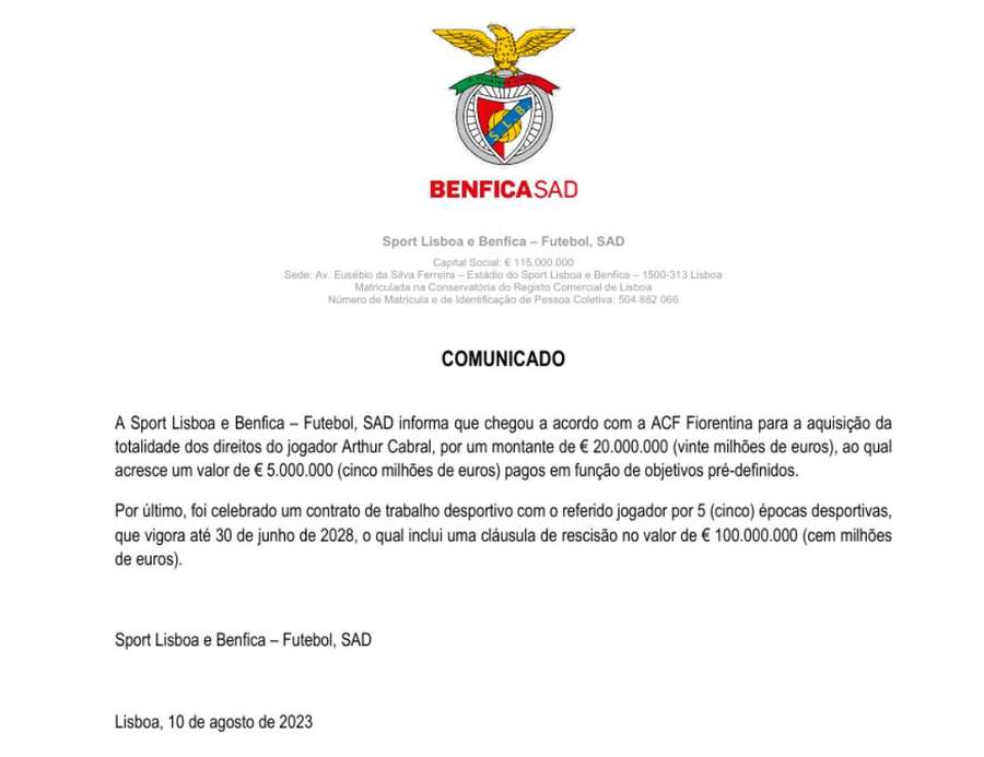 O Benfica mostra transparência com informação, no seu site, sobre a aquisição recente