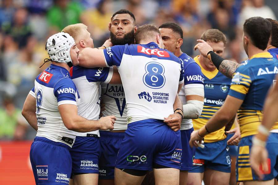 Daniel Suluka-Fifita celebrates scoring a try in the Bulldogs' Round 3 win over Parramatta.