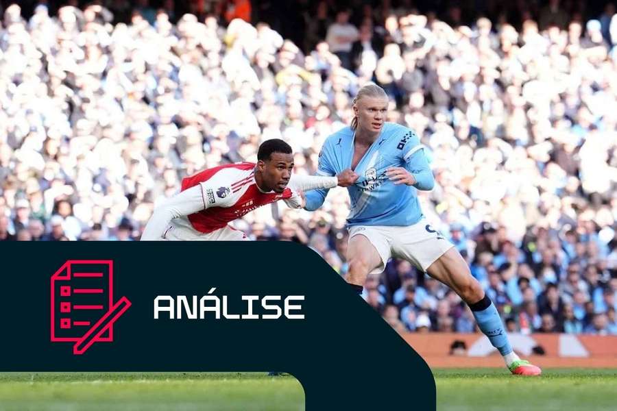 Gabriel Magalhães, do Arsenal, marca Erling Haaland, do Manchester City Gabriel Magalhães, do Arsenal, marca Erling Haaland, do Manchester City