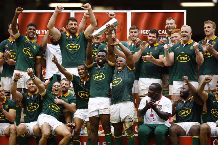 South Africa celebrate their impressive victory over Wales