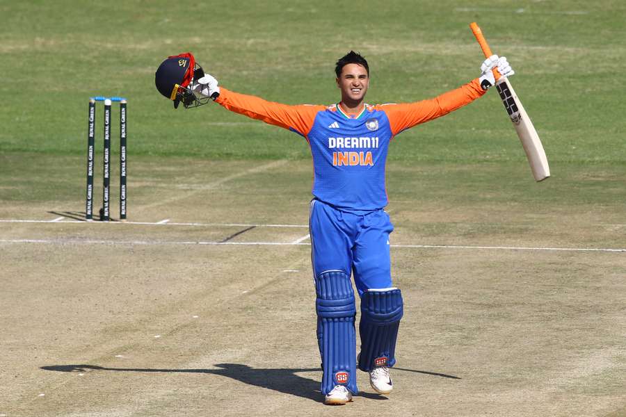 Abhishek Sharma celebrates his century for India