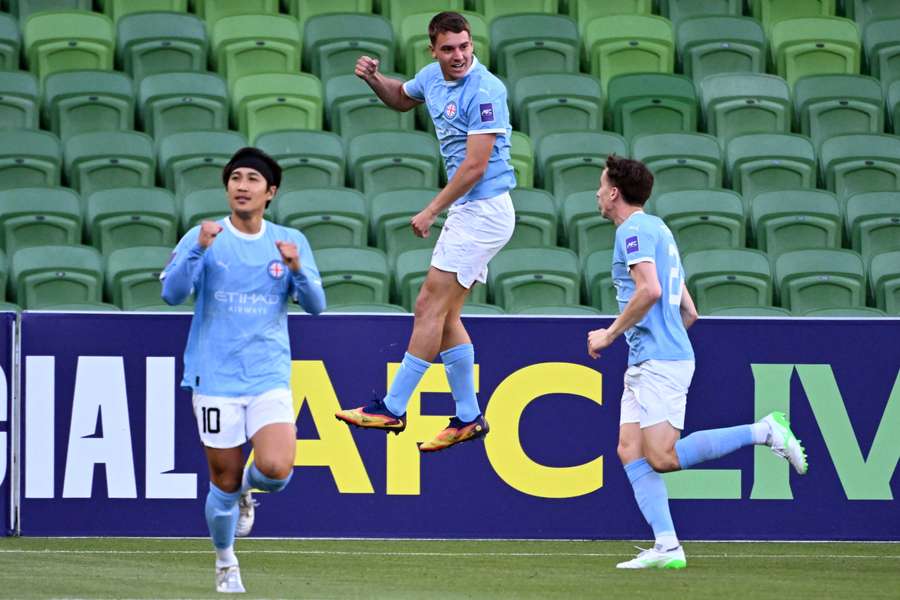 Melbourne City's Max Caputo celebrates a goal scored against Malaysia's Johor Darul Ta'Zim.