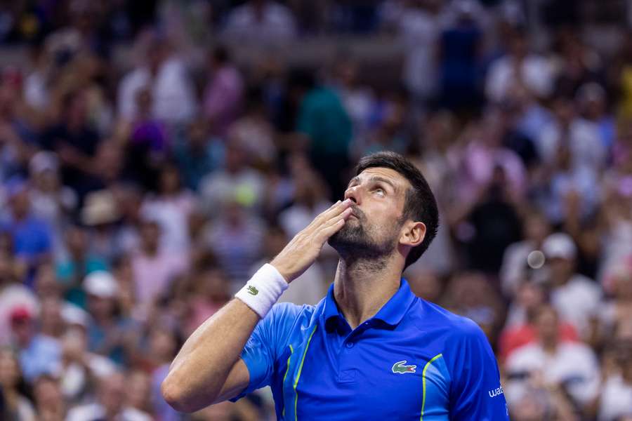 Novak Djokovic celebrates his fourth round win over Borna Gojo at the US Open on Sunday