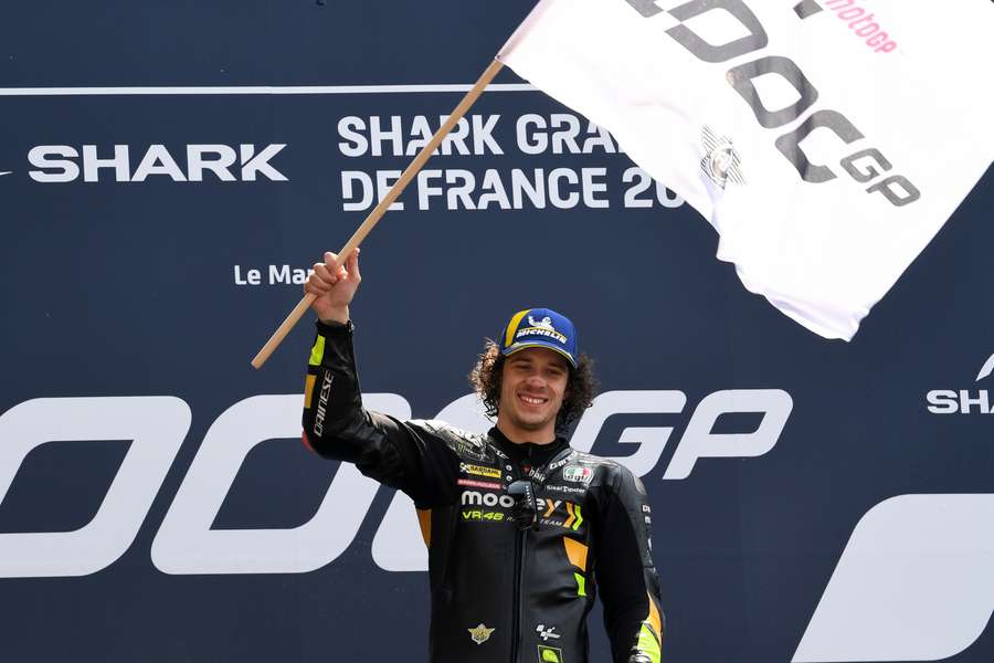 Marco Bezzecchi celebrates his win in Le Mans