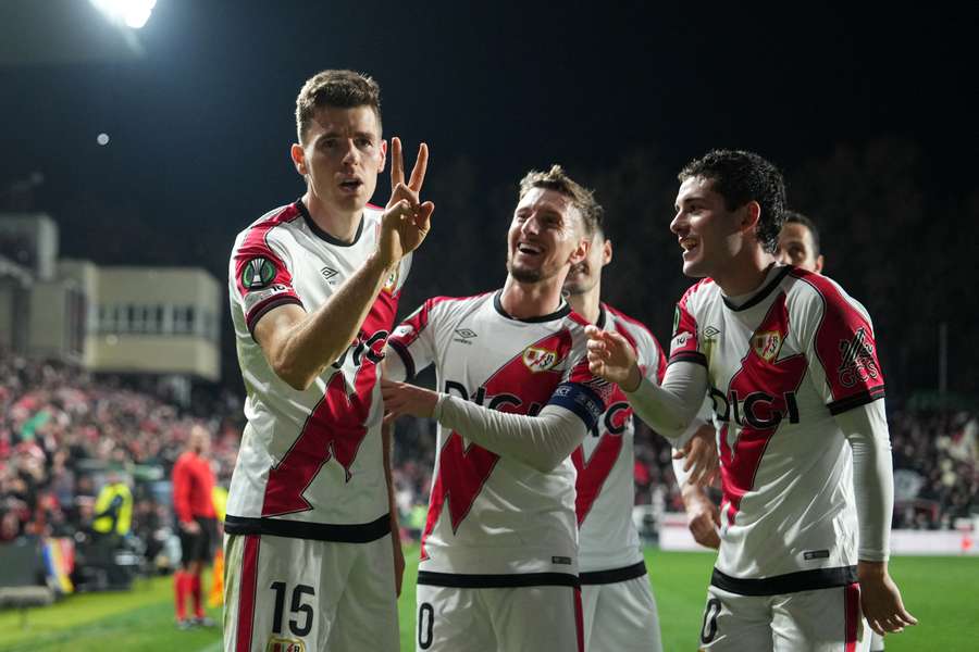 Gerard Gumbau of Rayo Vallecano celebrates scoring his team's second goal against Drita Gerard Gumbau of Rayo Vallecano celebrates scoring his team's second goal against Drita