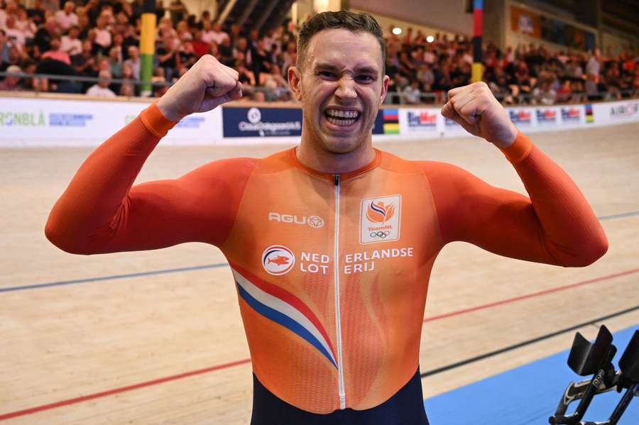 Harrie Lavreysen celebrates after winning the men's one-kilometre time-trial at the UCI Track Cycling World Championships in Denmark