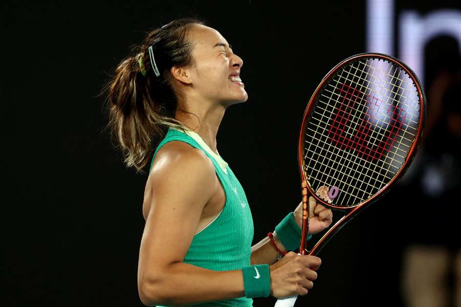 Qinwen Zheng celebrates winning her semi-final win