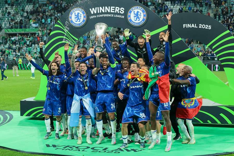 Chelsea's Reece James holds the Conference League trophy aloft Chelsea's Reece James holds the Conference League trophy aloft