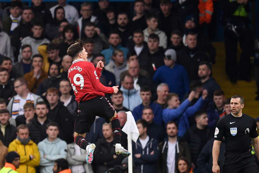 Manchester United's Argentinian midfielder Alejandro Garnacho celebrates after scoring their second goal