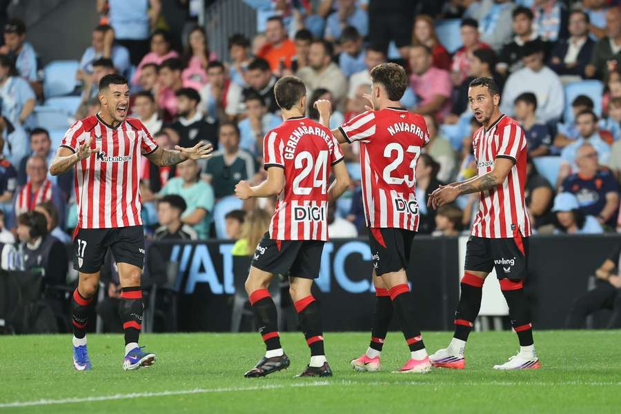 Athletic Club's players celebrate Robert Navarro's goal