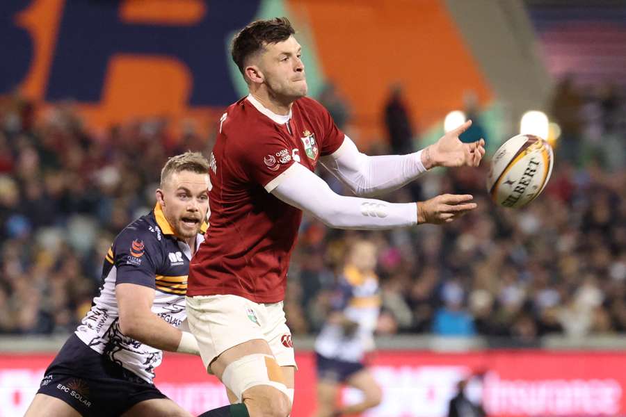 Blair Kinghorn passes the ball during the Lions' 36-24 win over the ACT Brumbies.