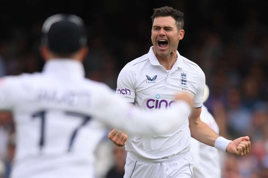 England fast bowler James Anderson celebrates after dismissing Australia's Mitchell Marsh on Friday