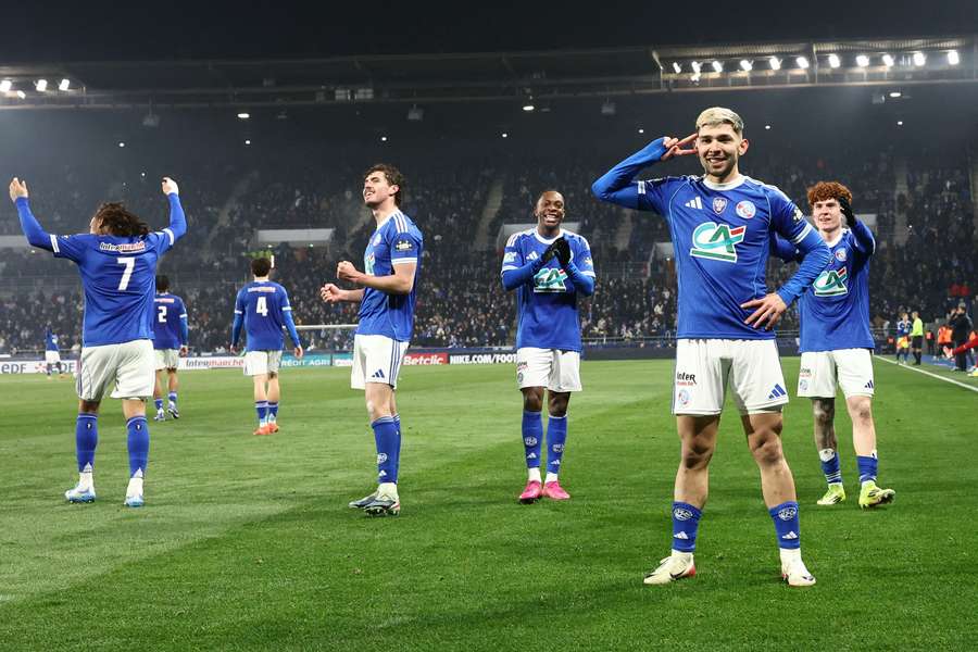 Strasbourg celebrate one of their goals during their win over AS Monaco in the Coupe de France.