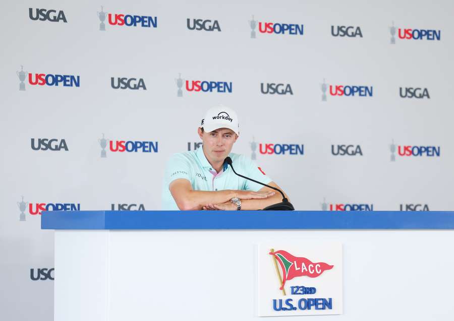 Matt Fitzpatrick of England speaks to the media prior to the 123rd US Open golf championship in Los Angeles