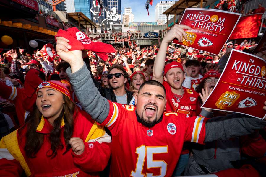 Chiefs fans without tickets prepare to watch their team play the Philadelphia Eagles on jumbo screens in Kansas City