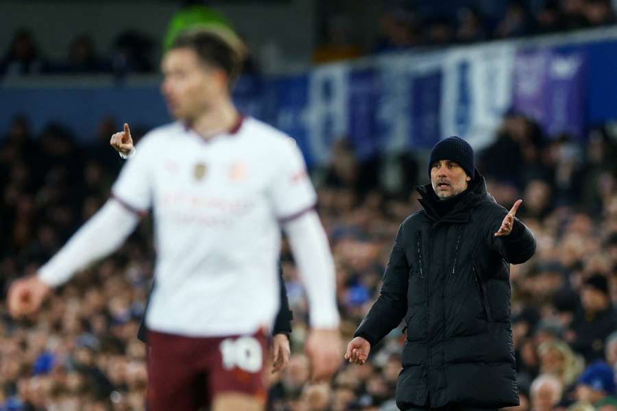 Pep Guardiola on the touchline at Goodison Park