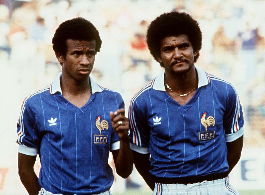 France's Jean Tigana (L) and Gerard Janvion ahead of the third-place match at the 1982 FIFA World Cup