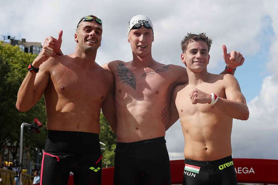 Gregorio Paltrinieri (primo a sinistra) assieme a Florian Wellbrok e David Betlehem Gregorio Paltrinieri (primo a sinistra) assieme a Florian Wellbrok e David Betlehem