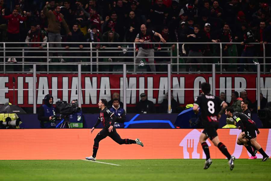 AC Milan's Algerian defender Ismael Bennacer celebrates after opening the scoring