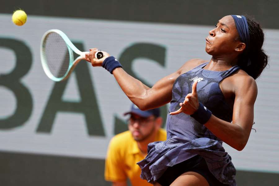 Coco Gauff plays a forehand return to Tereza Valentova at the French Open