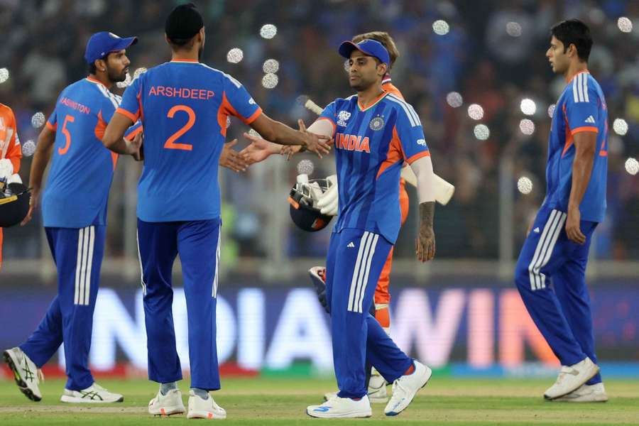 India's Suryakumar Yadav celebrates with teammates after the match India's Suryakumar Yadav celebrates with teammates after the match