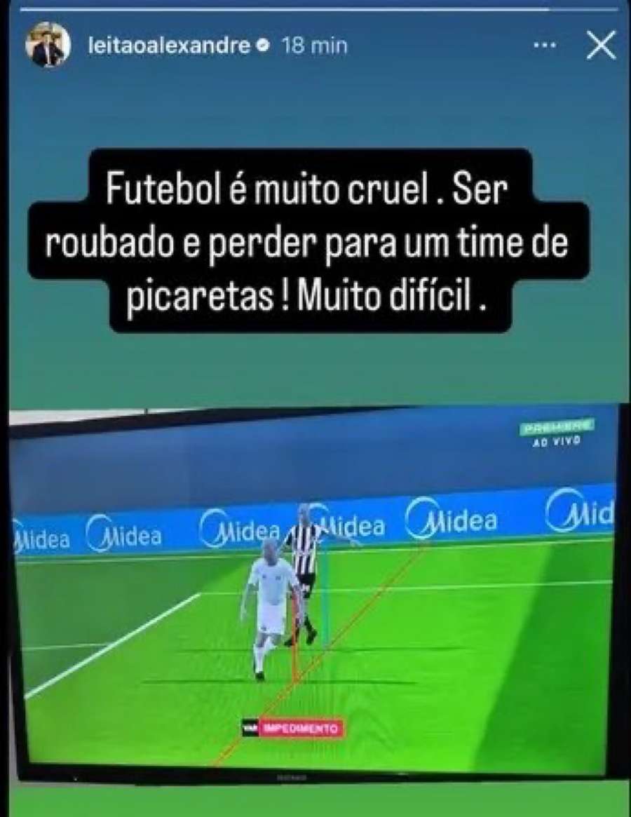 Alex Leitão utilizou Instagram para fazer críticas após o jogo