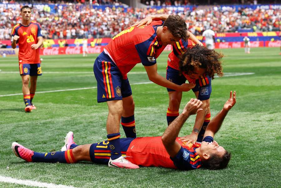 Spain's Mikel Oyarzabal celebrates scoring their third goal with Gavi and Marc Cucurella Spain's Mikel Oyarzabal celebrates scoring their third goal with Gavi and Marc Cucurella