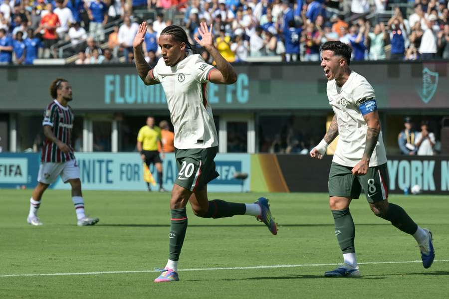 Chelsea's Brazilian forward #20 Joao Pedro celebrates scoring his team's second goal