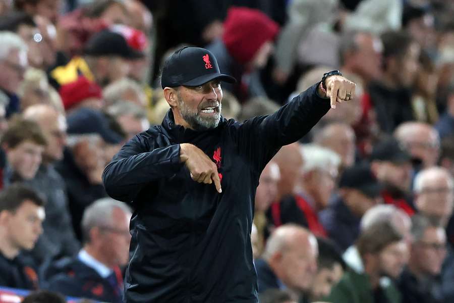 Jurgen Klopp gestures from the sidelines during the UEFA Champions League match between Liverpool and Rangers